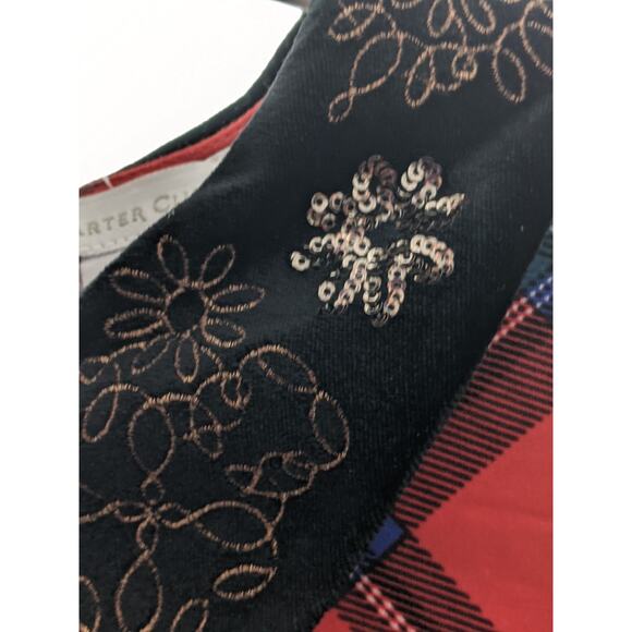 Charter‎ Club Plaid Top Velvet Collar Embroidery Sequins Blouse Red M Holiday - Picture 3 of 10